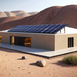 **A modern Arab home in a desert landscape, showcasing a geothermal heating and cooling system. Focus on the sleek design integrating the geothermal technology, with solar panels subtly visible on the roof. Use warm, inviting lighting to highlight energy efficiency and sustainability.**