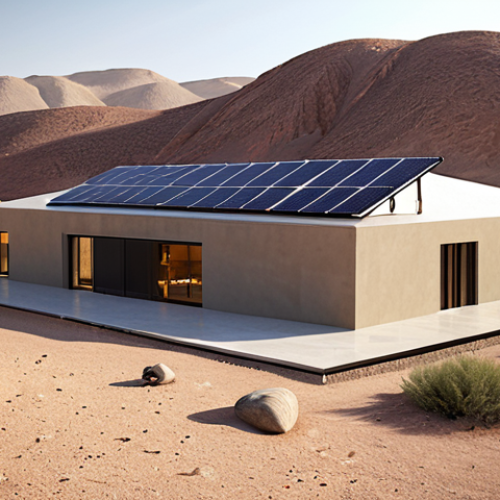 Home 4 **A modern Arab home in a desert landscape, showcasing a geothermal heating and cooling system. Focus on the sleek design integrating the geothermal technology, with solar panels subtly visible on the roof. Use warm, inviting lighting to highlight energy efficiency and sustainability.**