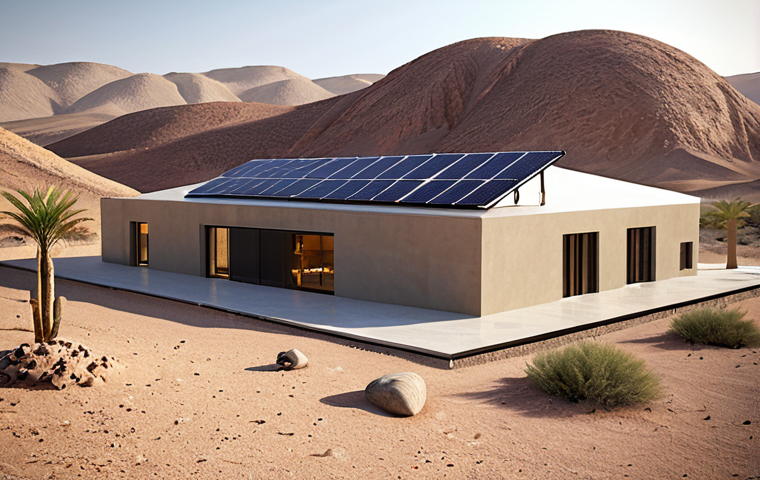 **A modern Arab home in a desert landscape, showcasing a geothermal heating and cooling system. Focus on the sleek design integrating the geothermal technology, with solar panels subtly visible on the roof. Use warm, inviting lighting to highlight energy efficiency and sustainability.**