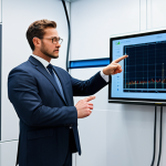 A professional, well-dressed engineer, fully clothed in a modest business suit, stands next to a sleek, modern geothermal heat pump unit inside a pristine, high-tech control room. The engineer is pointing at a digital display showing energy flow, with a subtle schematic of underground pipes visible in the background. The scene emphasizes innovation and efficiency in sustainable energy. Perfect anatomy, correct proportions, natural pose, well-formed hands, proper finger count, natural body proportions. Safe for work, appropriate content, fully clothed, professional dress, high-quality photography, detailed, realistic.