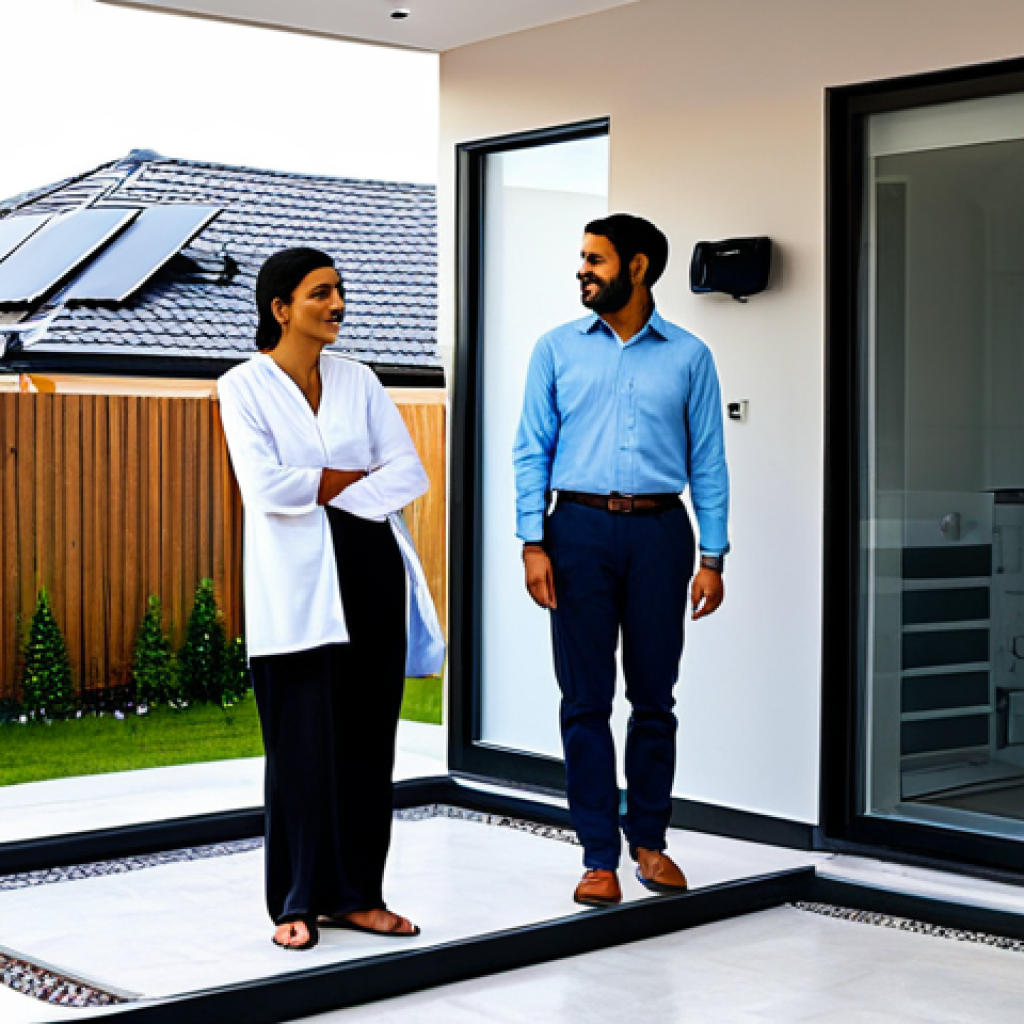 ** "A modern, energy-efficient home in a suburban neighborhood in the Middle East, featuring solar panels and a discreet geothermal heat pump unit visible outside. The image should convey sustainability and comfort. A family (fully clothed, appropriate attire, modest) is depicted enjoying the interior of the home. Focus on the warm, inviting lighting and modern design. Include Arabic numerals on the thermostat display. safe for work, appropriate content, fully clothed, professional, perfect anatomy, natural proportions, high quality. " **