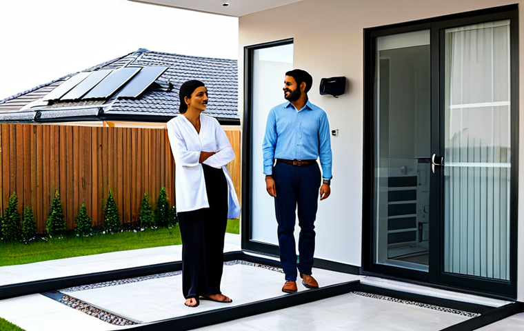 ** "A modern, energy-efficient home in a suburban neighborhood in the Middle East, featuring solar panels and a discreet geothermal heat pump unit visible outside. The image should convey sustainability and comfort. A family (fully clothed, appropriate attire, modest) is depicted enjoying the interior of the home. Focus on the warm, inviting lighting and modern design. Include Arabic numerals on the thermostat display. safe for work, appropriate content, fully clothed, professional, perfect anatomy, natural proportions, high quality. " **