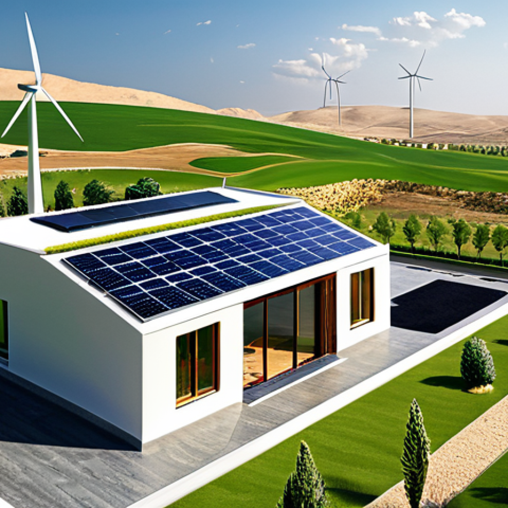 **Prompt:** "A modern Arab home efficiently heated and cooled by a geothermal system, blending traditional design with sustainable technology. Solar panels and a wind turbine complement the setup. Green landscape, family-friendly, safe for work, appropriate content, fully clothed, professional photography, high quality, perfect anatomy, natural proportions."