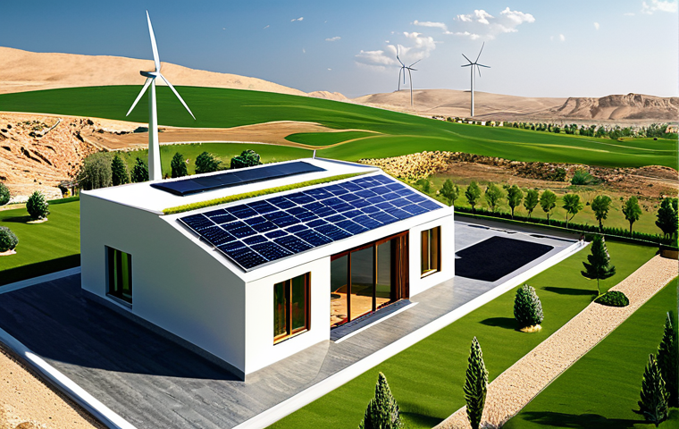 **Prompt:** "A modern Arab home efficiently heated and cooled by a geothermal system, blending traditional design with sustainable technology. Solar panels and a wind turbine complement the setup. Green landscape, family-friendly, safe for work, appropriate content, fully clothed, professional photography, high quality, perfect anatomy, natural proportions."