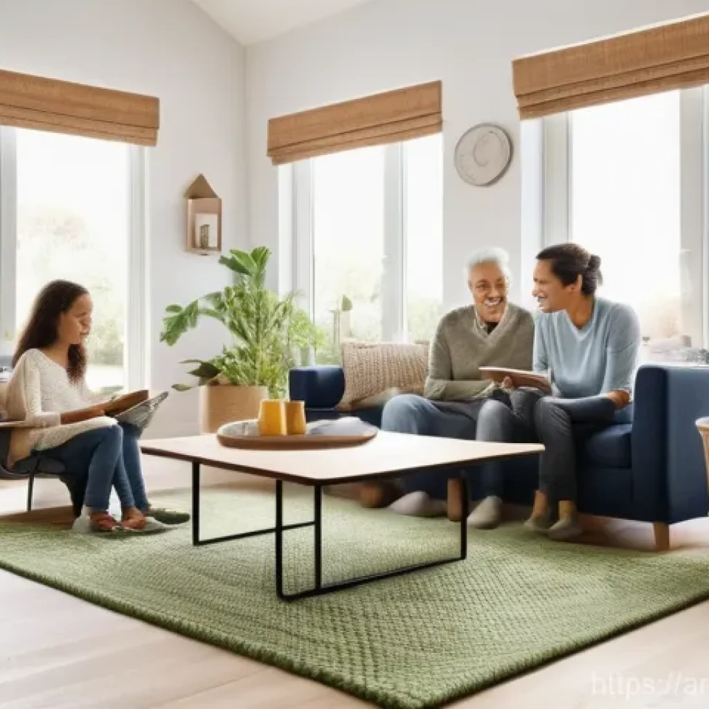 지열 냉난방 시스템과 사용자 경험 - A bright, spacious, and modern living room in a family home. A mother and father are comfortably sea...