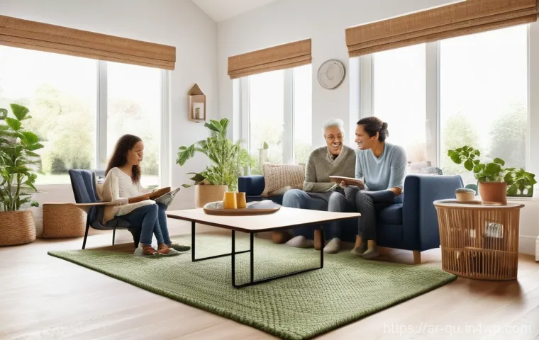 지열 냉난방 시스템과 사용자 경험 - A bright, spacious, and modern living room in a family home. A mother and father are comfortably sea...