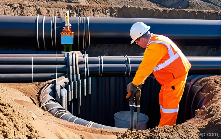 지열 냉난방 시스템의 배관 및 설치 기술 - **Geothermal Pipe Installation: Precision and Progress** A vibrant, realistic image capturing a ...