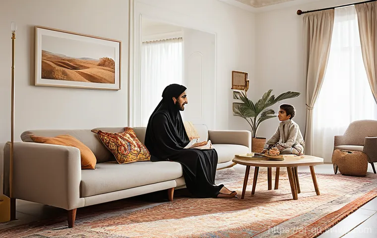 지열 냉난방 시스템과 신축 건물 설계 - **Prompt:** A modern and elegant Arabic living room filled with soft, natural light, creating an atm...