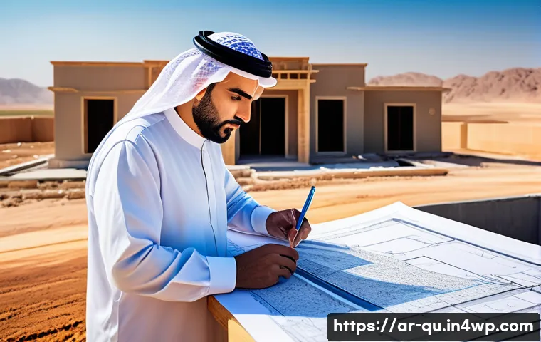 지열 냉난방 시스템의 장기적인 비용 분석 - A professional Middle Eastern engineer in traditional attire examining a detailed blueprint of a geo...