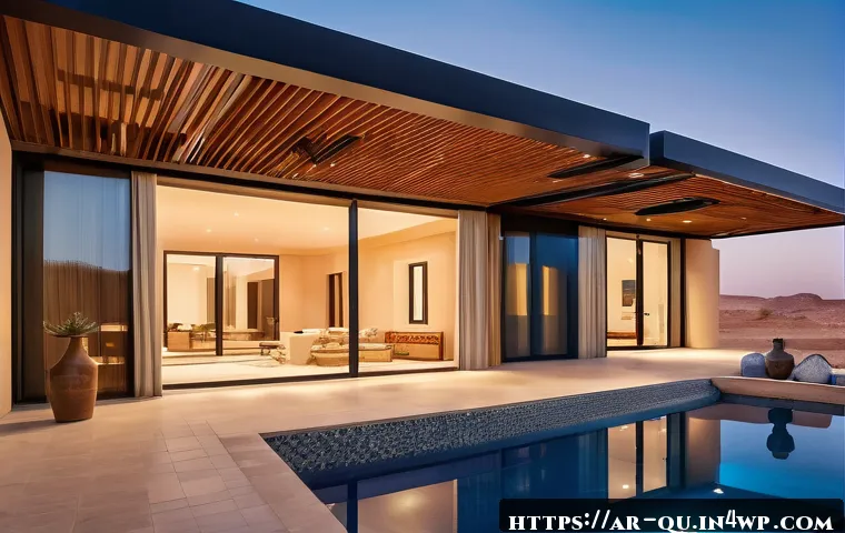 지열 냉난방 시스템의 유용성 및 안전성 - A modern Middle Eastern family home exterior at sunset, showcasing a geothermal heating and cooling ...