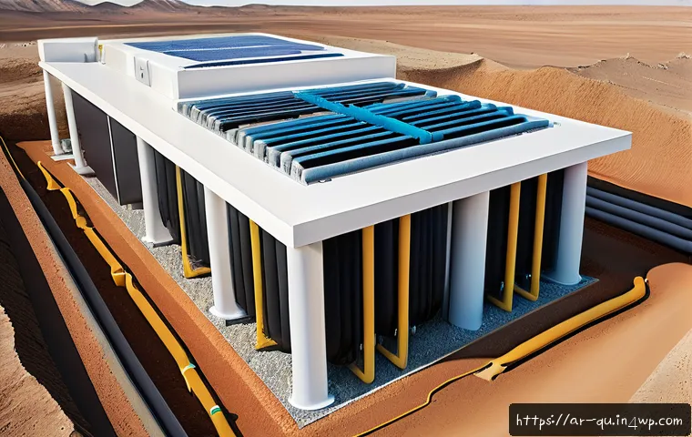 지열 냉난방 시스템의 구조적 안정성 분석 - A detailed cross-sectional illustration of a geothermal heating and cooling system designed for an A...