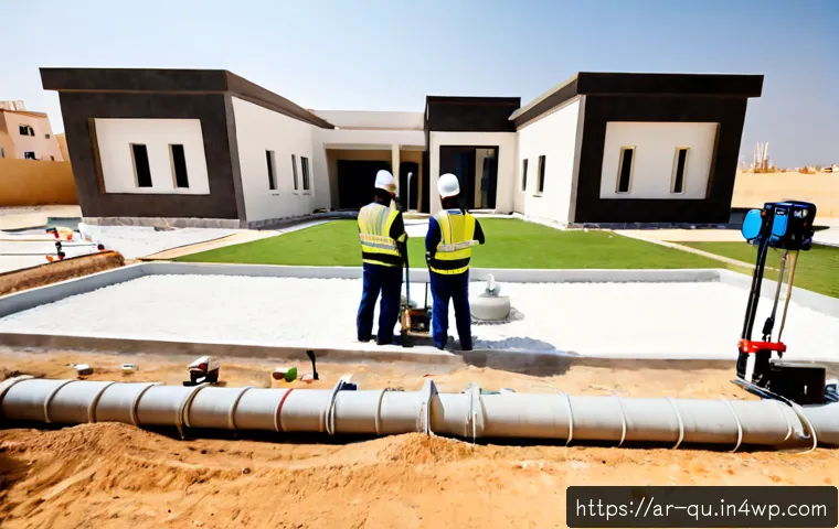 지열 냉난방 시스템 설치 시 검토해야 할 기술 - Photorealistic wide-angle scene of a modern villa in an Arab residential neighborhood during geother...